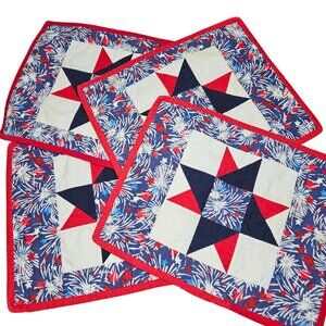 Patriotic Quilted Placemats Set Of 4 Fireworks & Stars Double-Sided Design Red/W